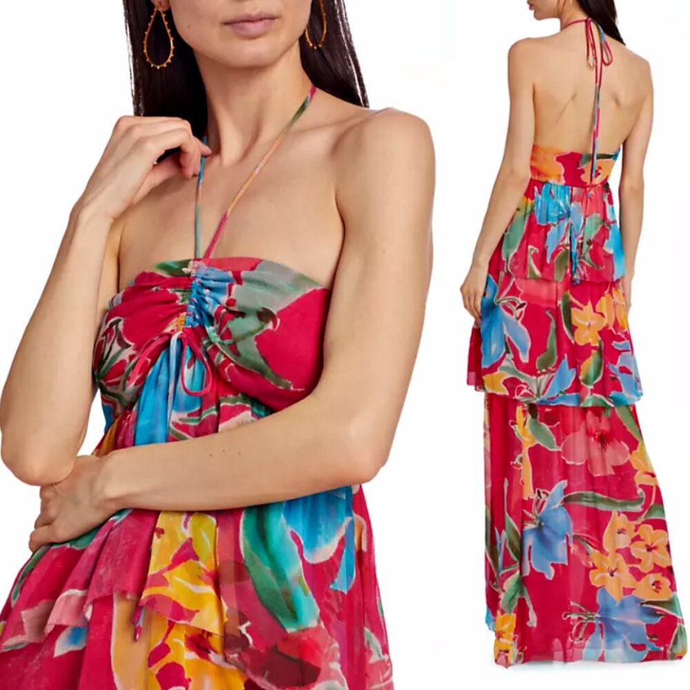 Figue Lula Floral Silk Halter Cinch-Bust Tiered Ruffle Bottom Maxi Dress 12 $898